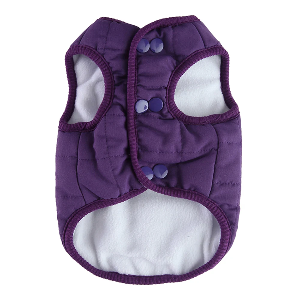 Purple quilted vest with white fleece lining and snap buttons