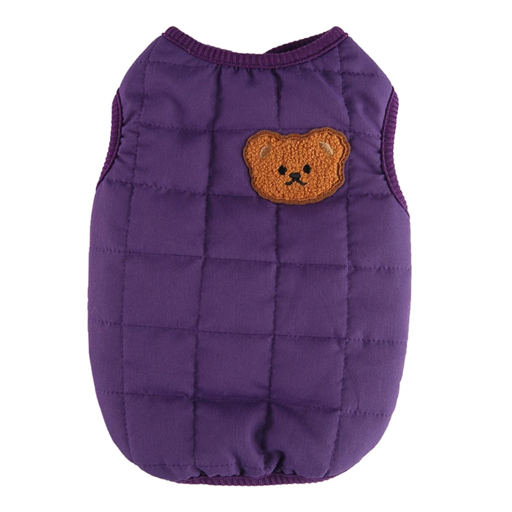 Purple quilted pet vest with ribbed trim and embroidered bear face patch
