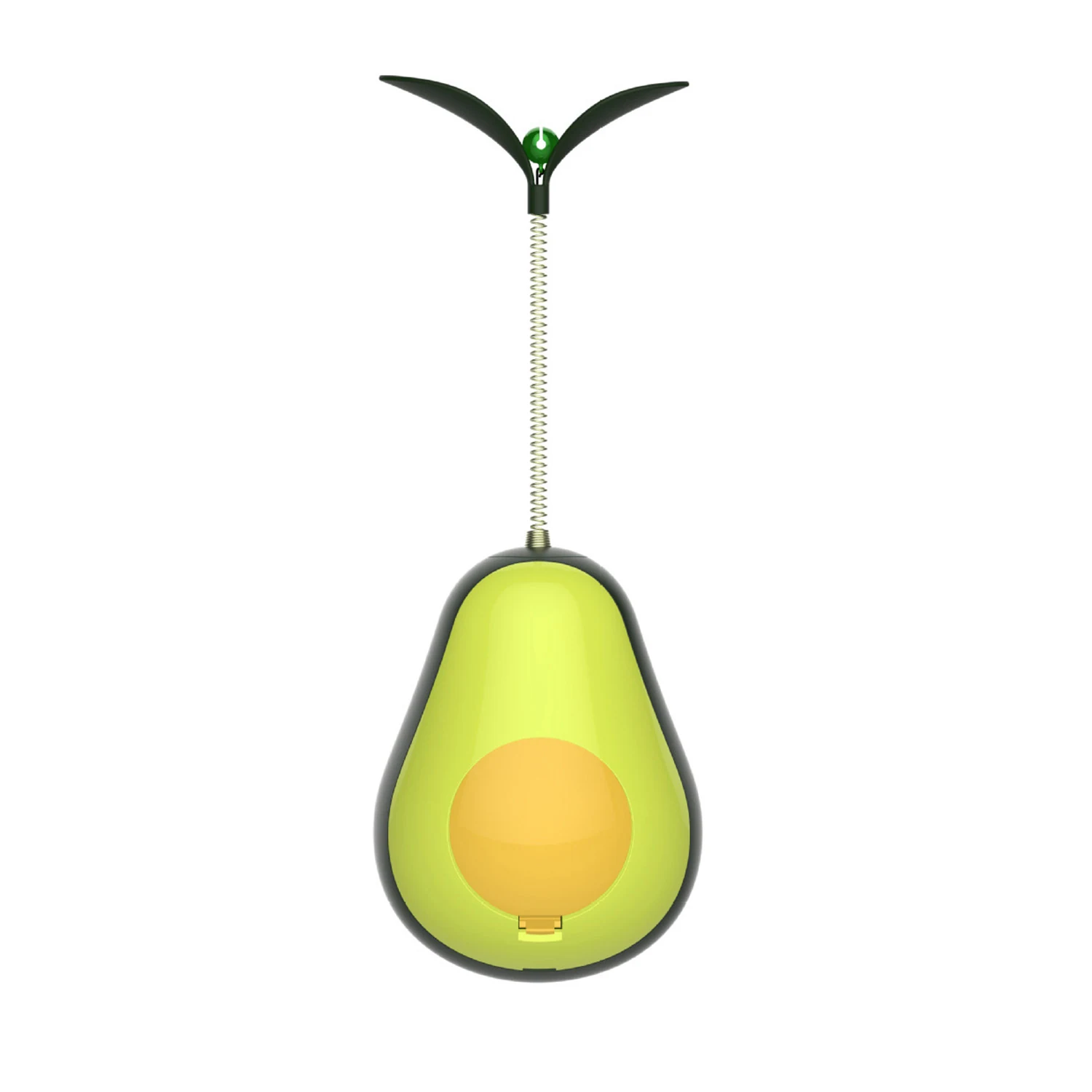 3D render of an avocado-shaped pendant light with a spring cord and leaf details
