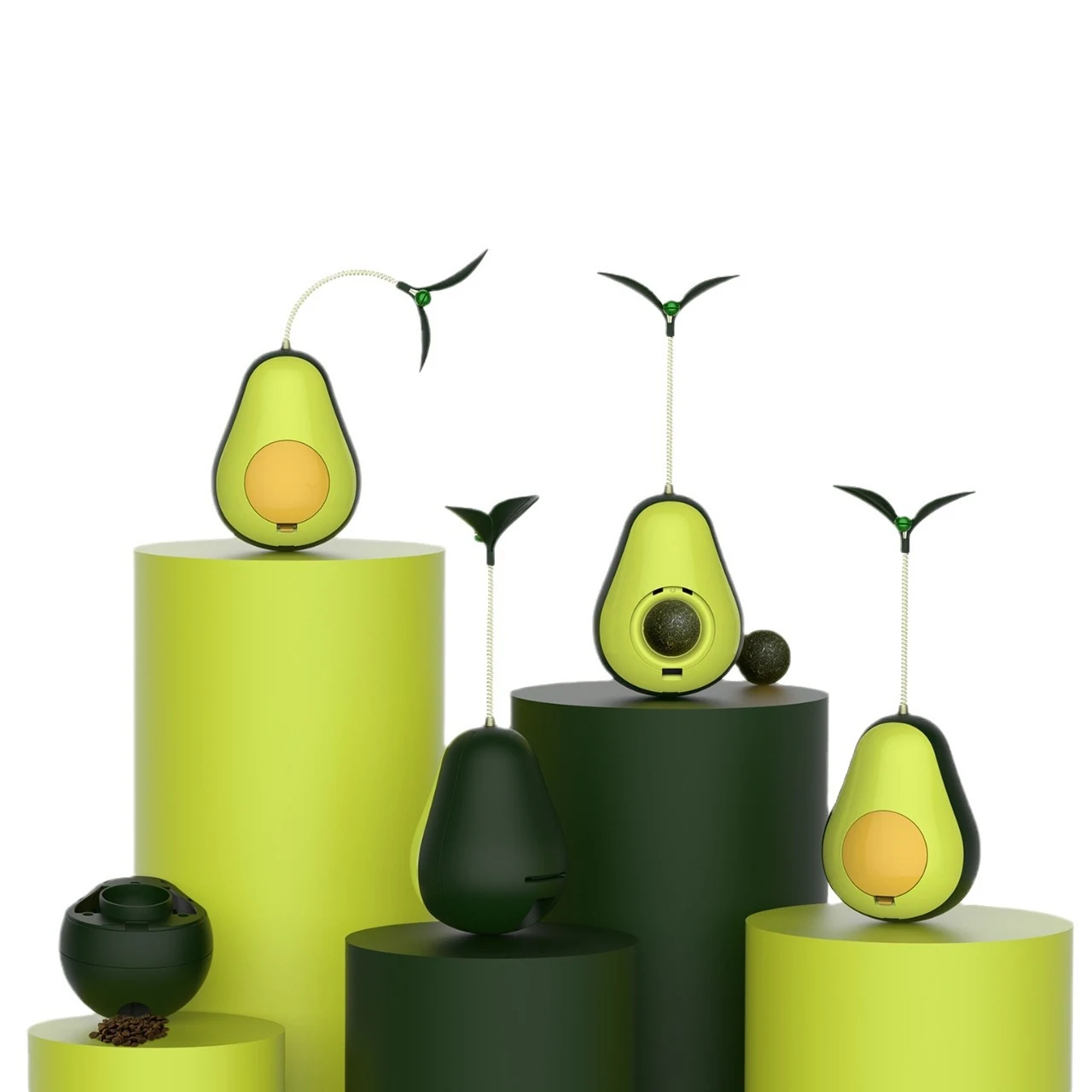 A 3D rendering of avocado-shaped gadgets on green pedestals.