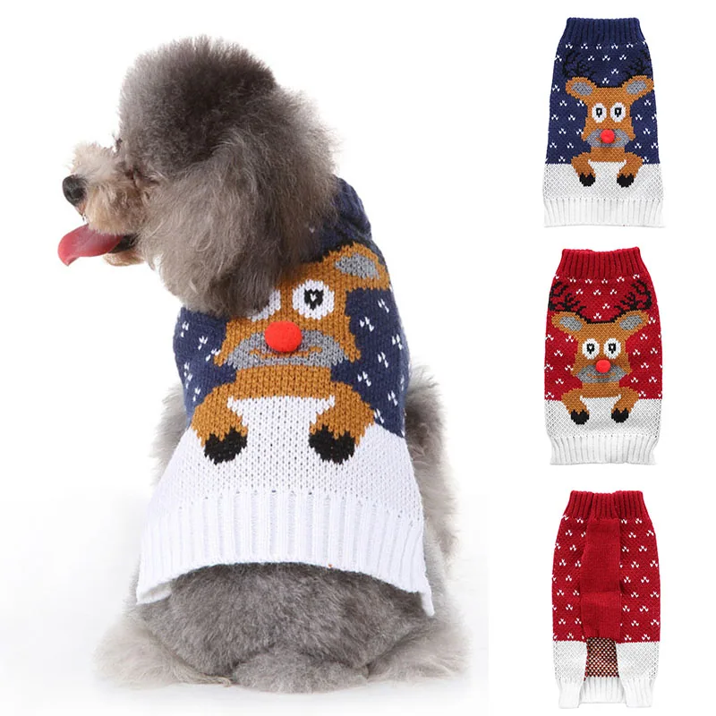 Grey poodle wearing a blue knitted reindeer sweater next to red and blue sweater options