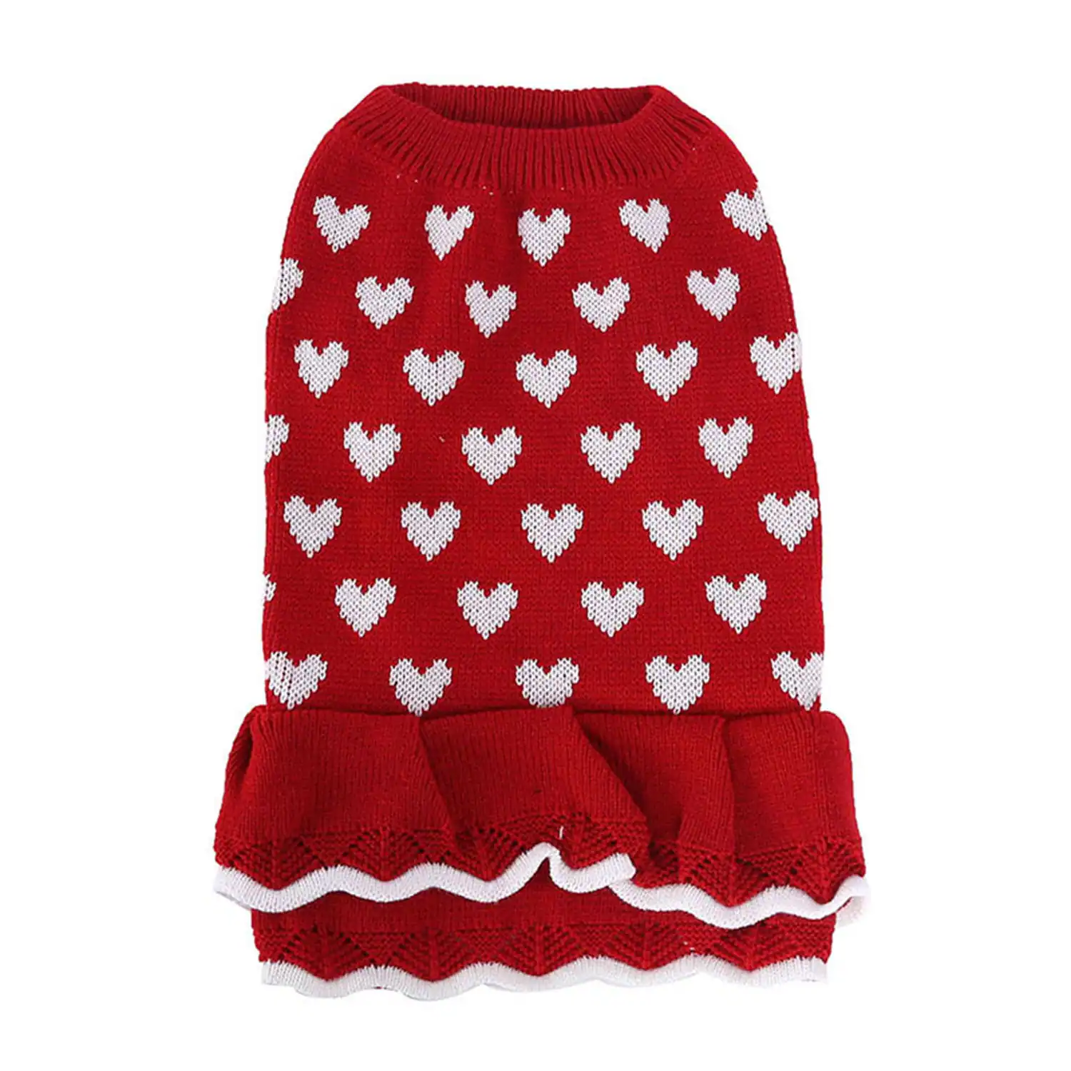 Red knitted pet dress with white hearts and frilled hem
