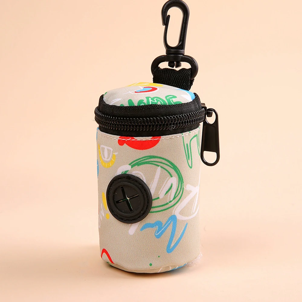 Foldable reusable shopping bag in a small zippered pouch with a colorful paint splatter design and carabiner clip