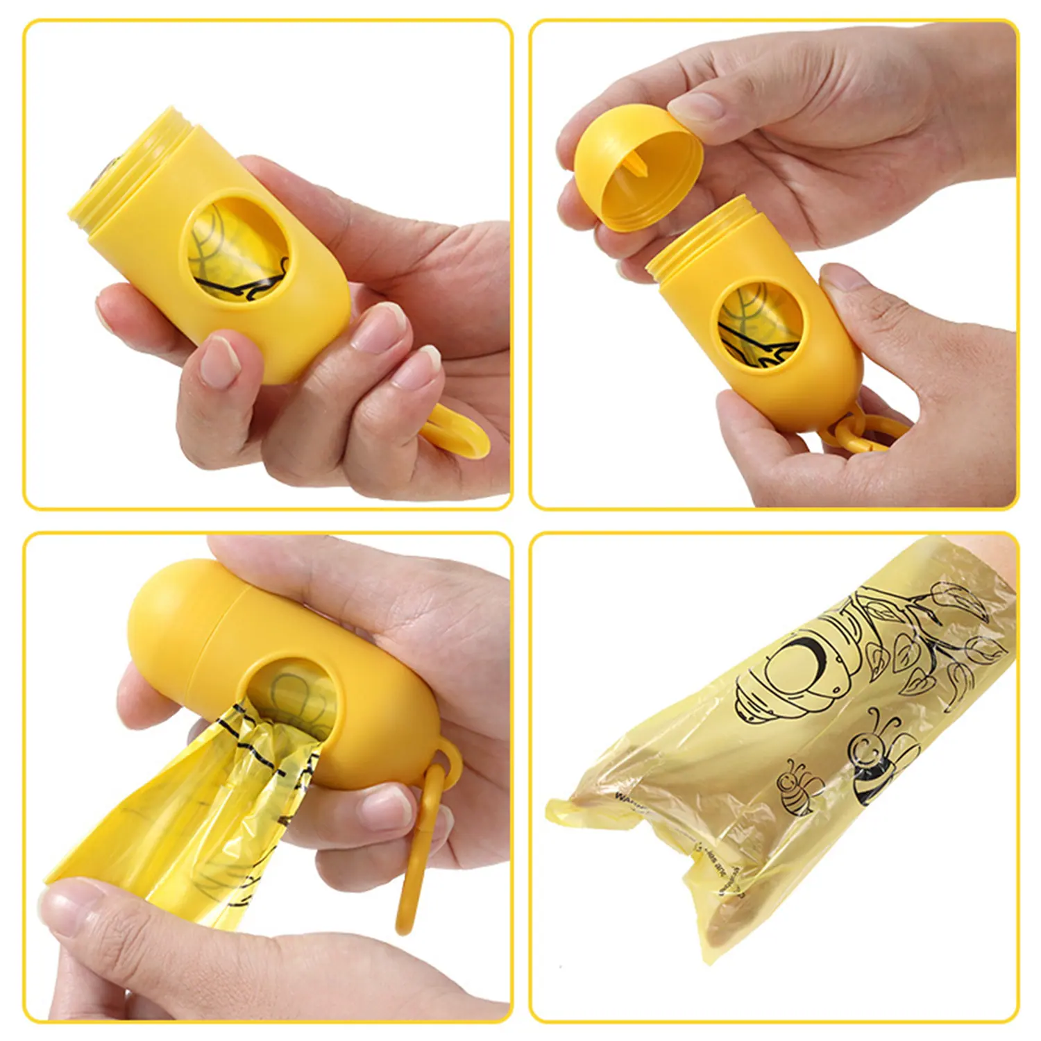 Four panel product demonstration of a yellow portable plastic bag dispenser showing the cap being removed and a bag pulled out.