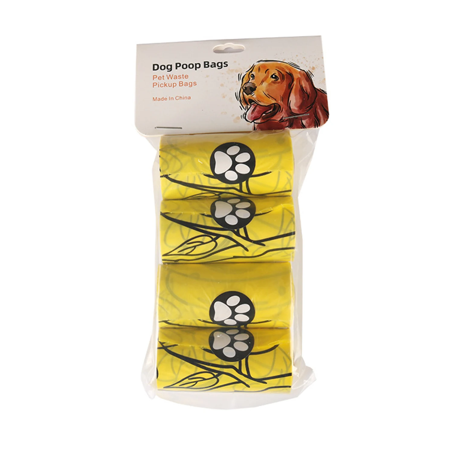 Retail packaging containing rolls of yellow dog poop bags with black paw print designs.