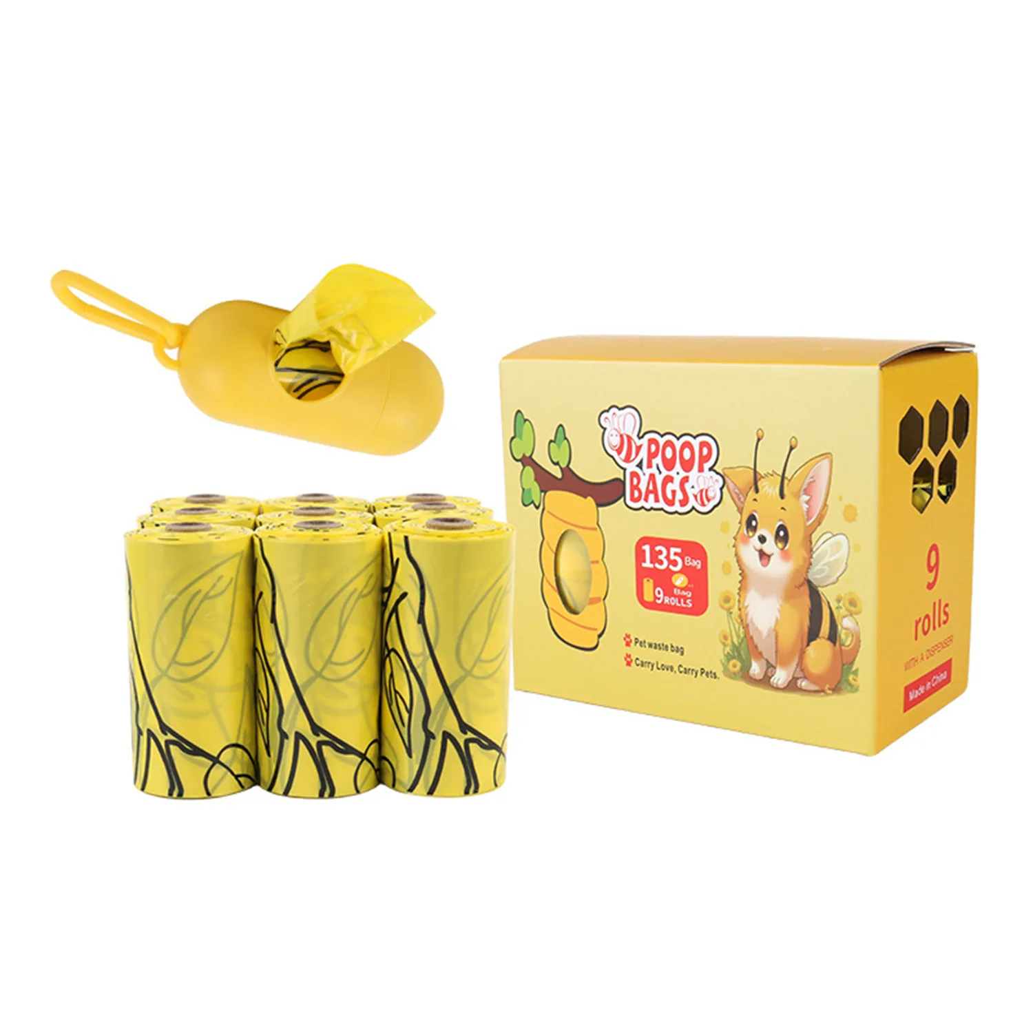 Pet waste bag dispenser, rolls of bags, and retail box with cartoon dog.