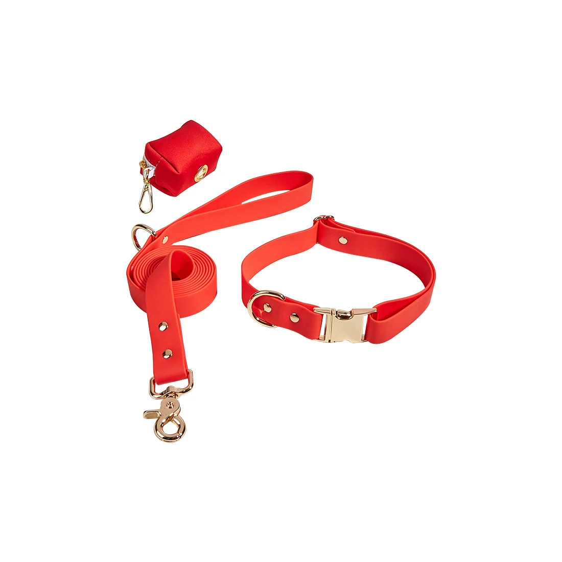 A red pet walking set including a collar, a leash, and a small pouch with gold hardware.