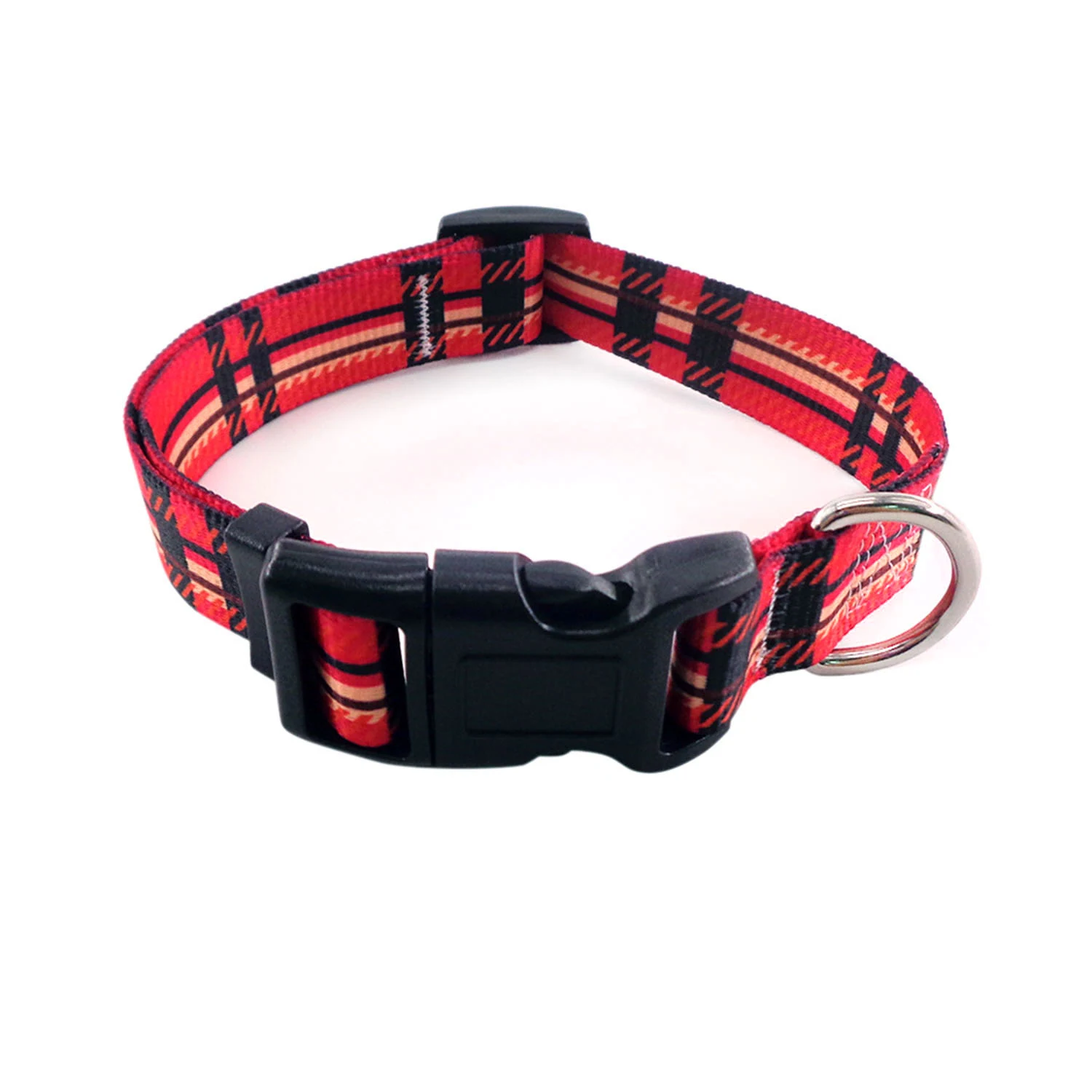 Red and black plaid patterned dog collar with black plastic buckle and metal D-ring