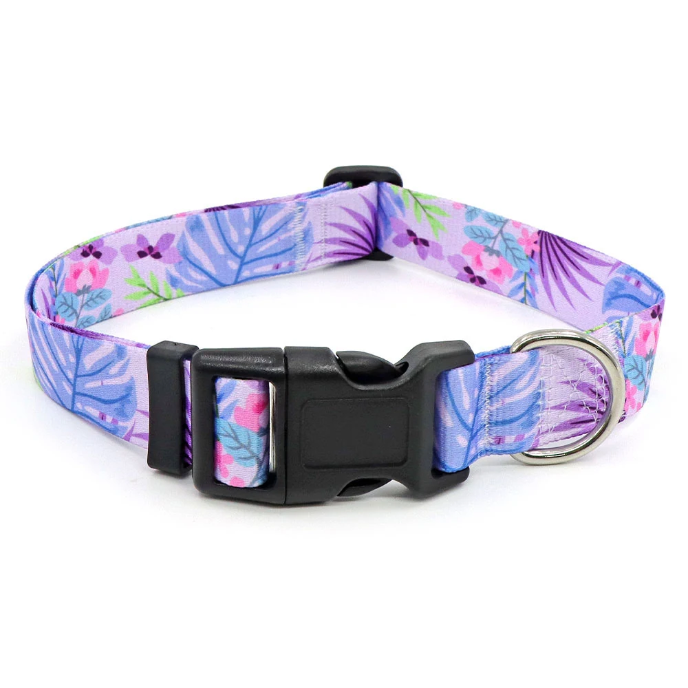 Purple and blue floral patterned dog collar with black plastic buckle and metal D-ring.