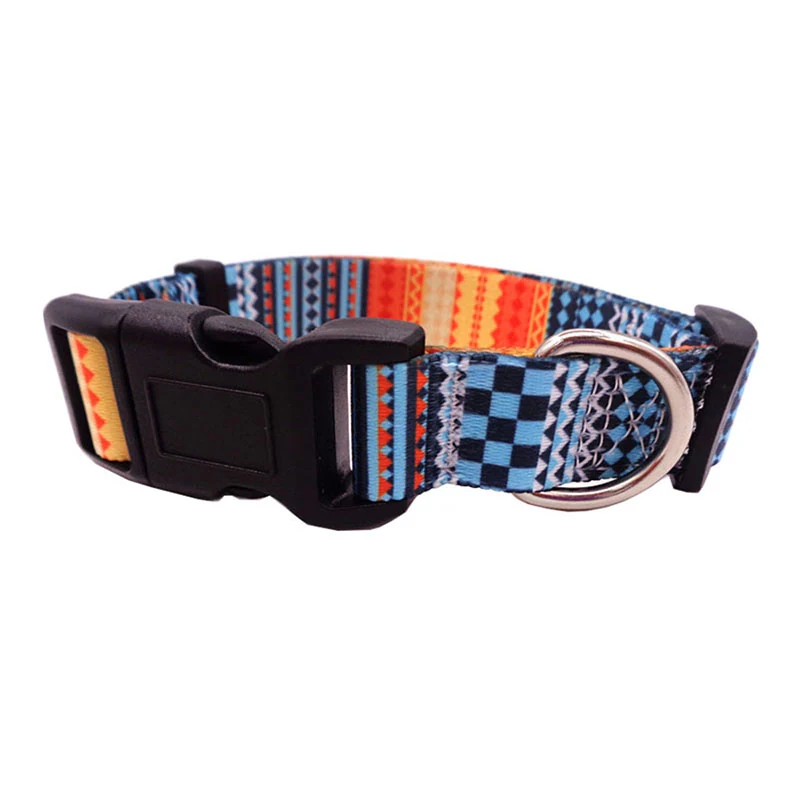 Colorful patterned nylon dog collar with black plastic buckle and metal D-ring