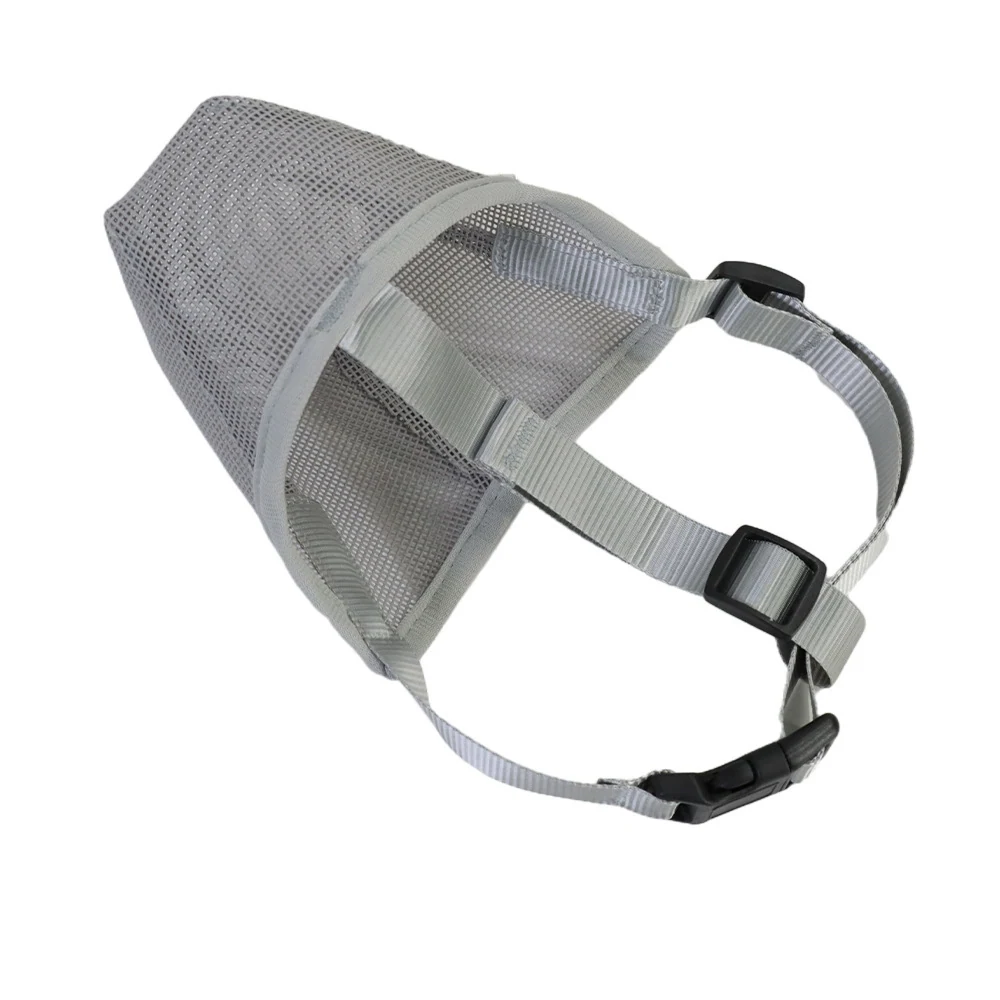 Gray mesh dog muzzle with adjustable nylon straps and black plastic buckles