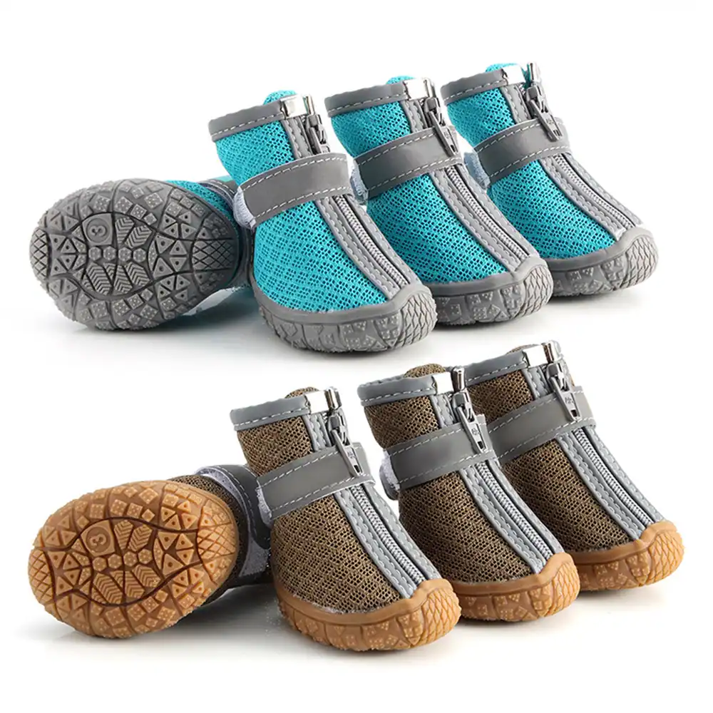 Two sets of four zippered pet boots in teal and brown with anti-slip soles