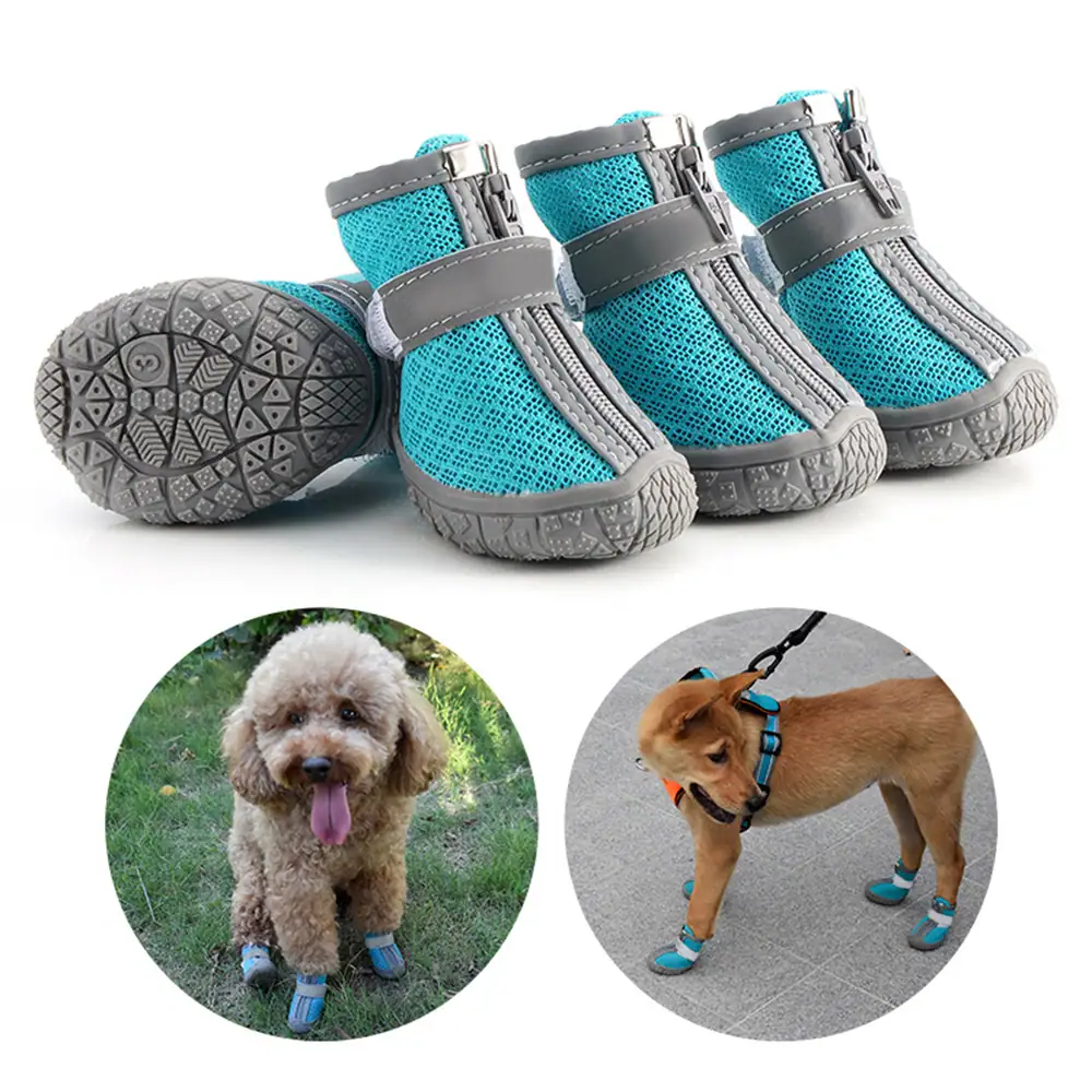 Set of four teal and grey dog boots with zippers, shown alongside photos of dogs wearing them.