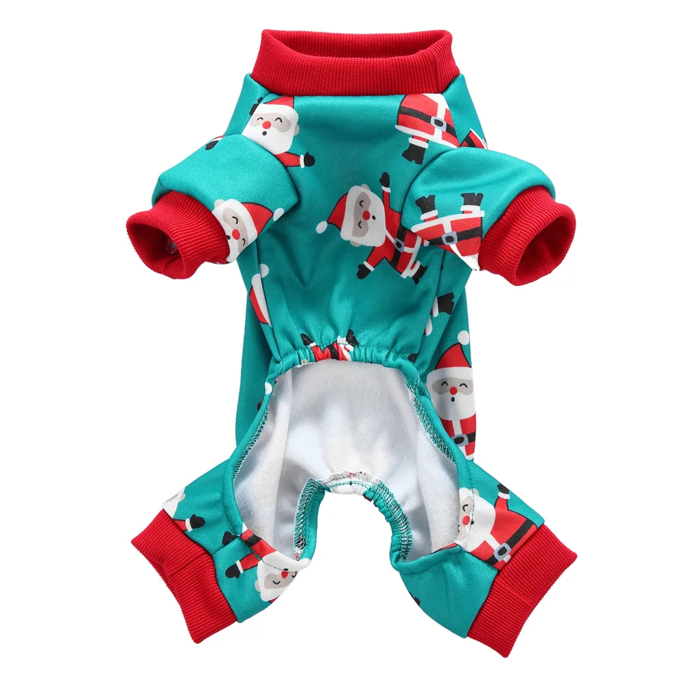 Teal and red pet costume with Santa Claus pattern