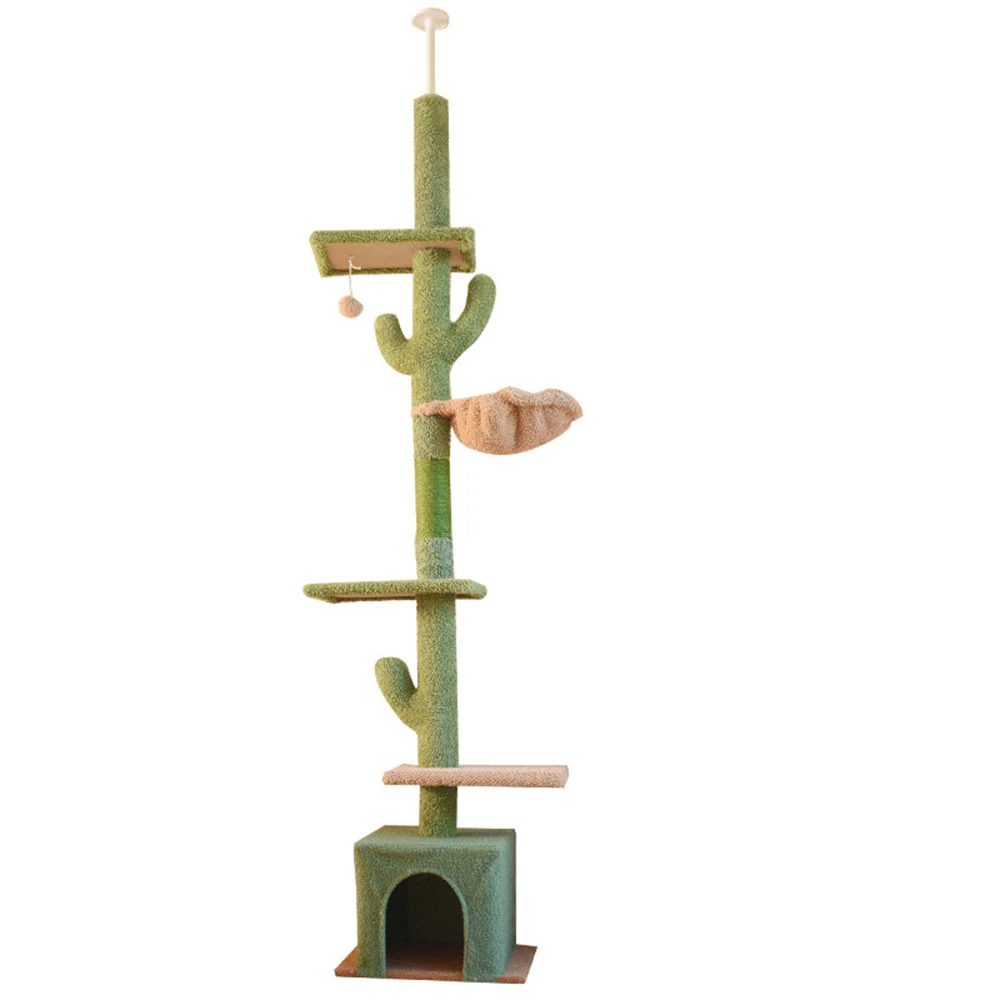 Tall green cat tree with cactus-shaped branches, platforms, a hammock, and a base cubby on a white background.