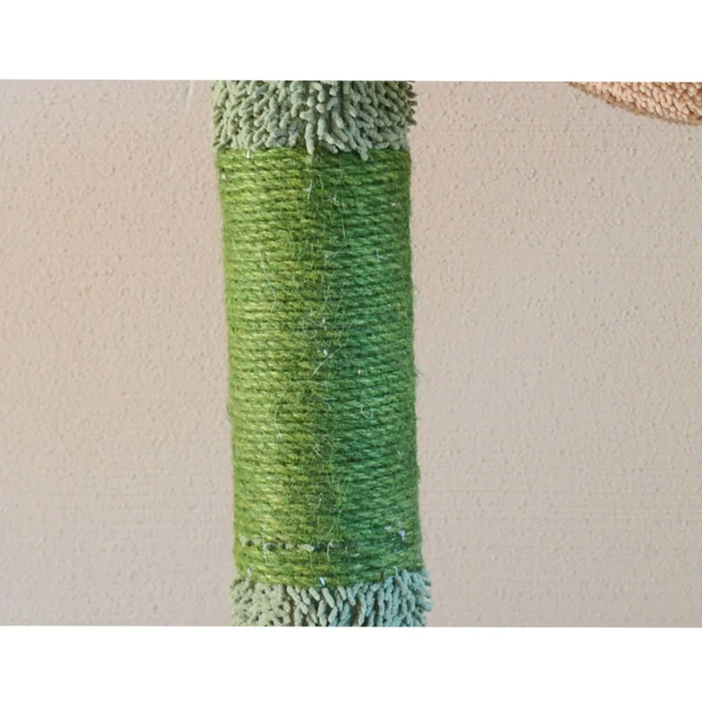 Close-up of a vertical post wrapped in green sisal rope with fuzzy light green ends