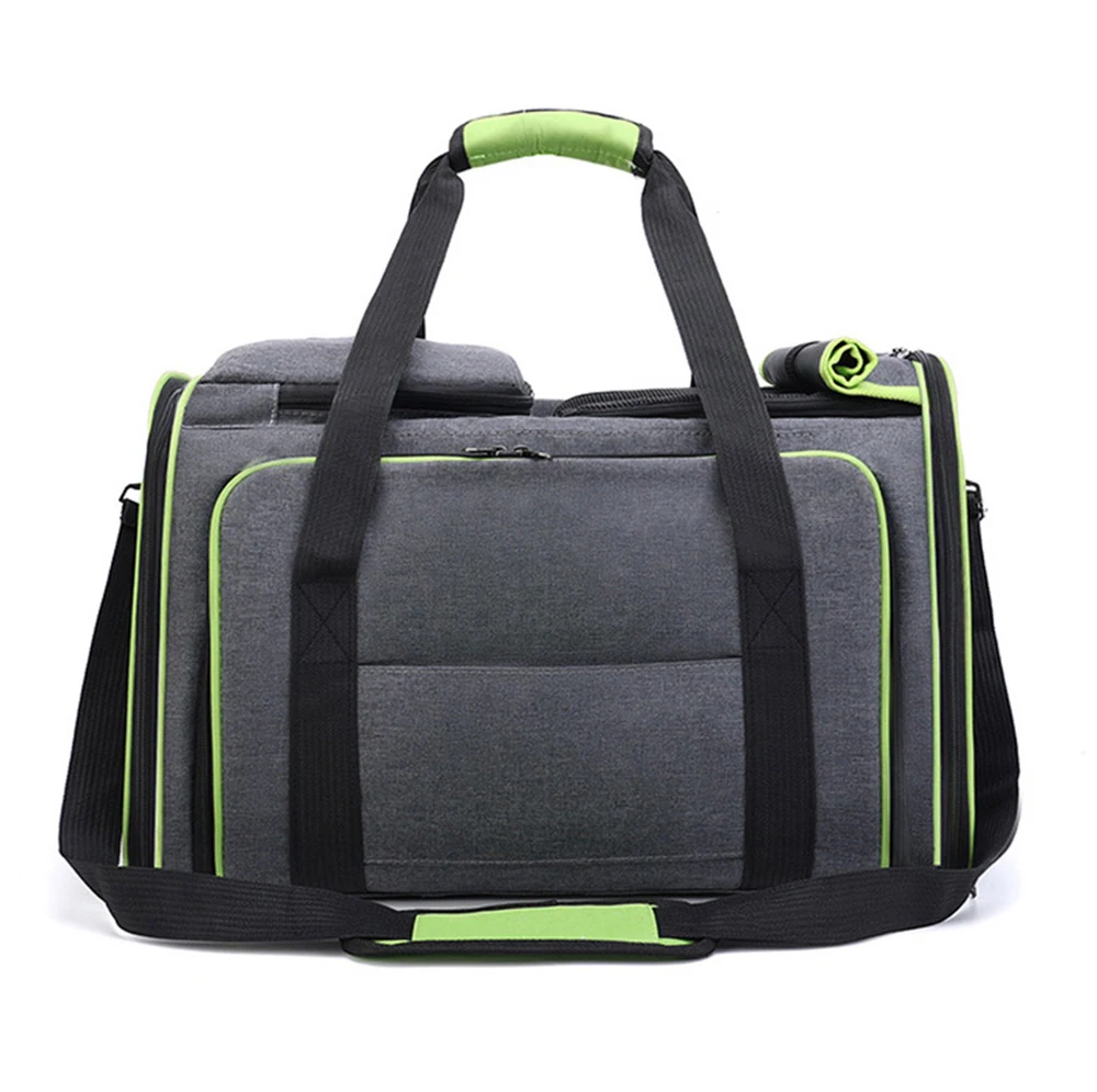 Gray duffel bag with neon green accents and black handles