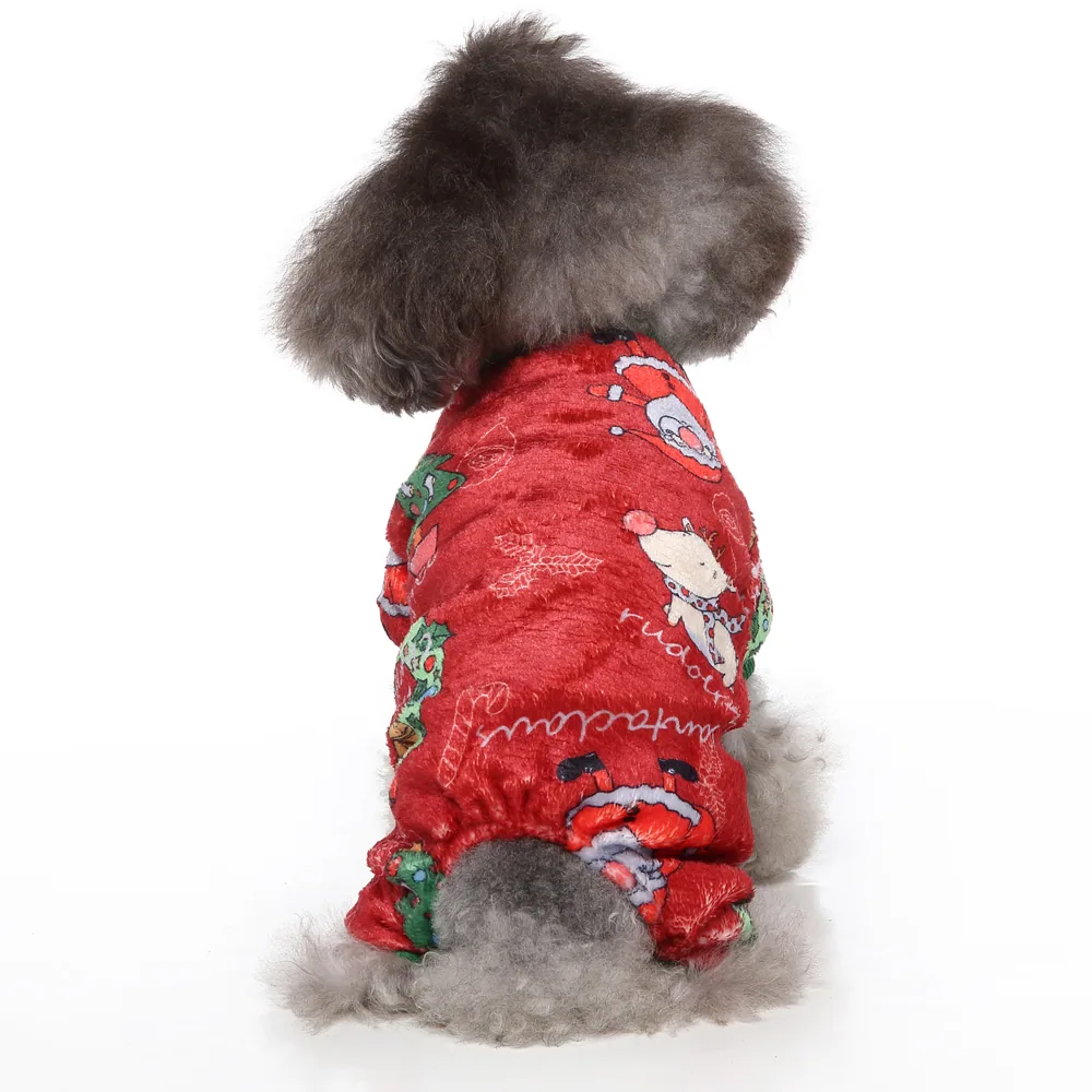 A small grey dog viewed from behind wearing a red Christmas-themed sweater with holiday patterns.