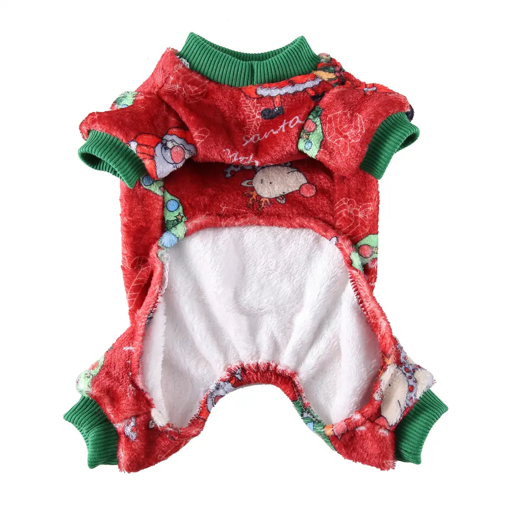 Red plush pet outfit with green ribbed collar and cuffs, featuring a festive pattern and white fleece lining.