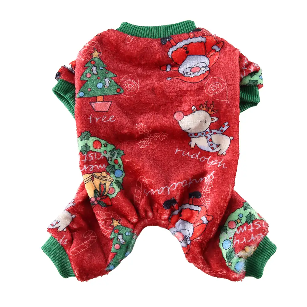 Red plush Christmas pet costume with green ribbed cuffs, featuring Santa, reindeer, and tree prints.