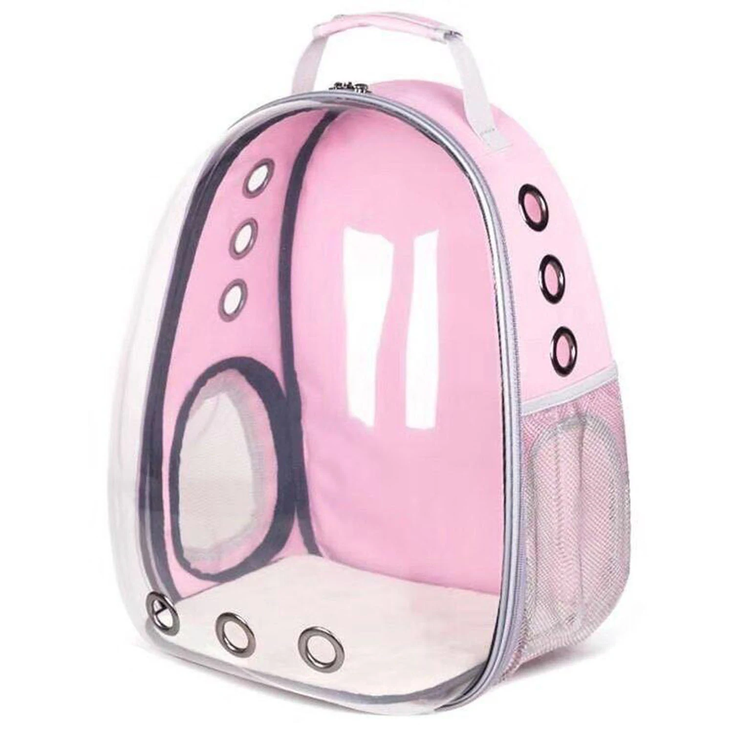 Pink transparent pet carrier backpack with ventilation holes and mesh side pocket