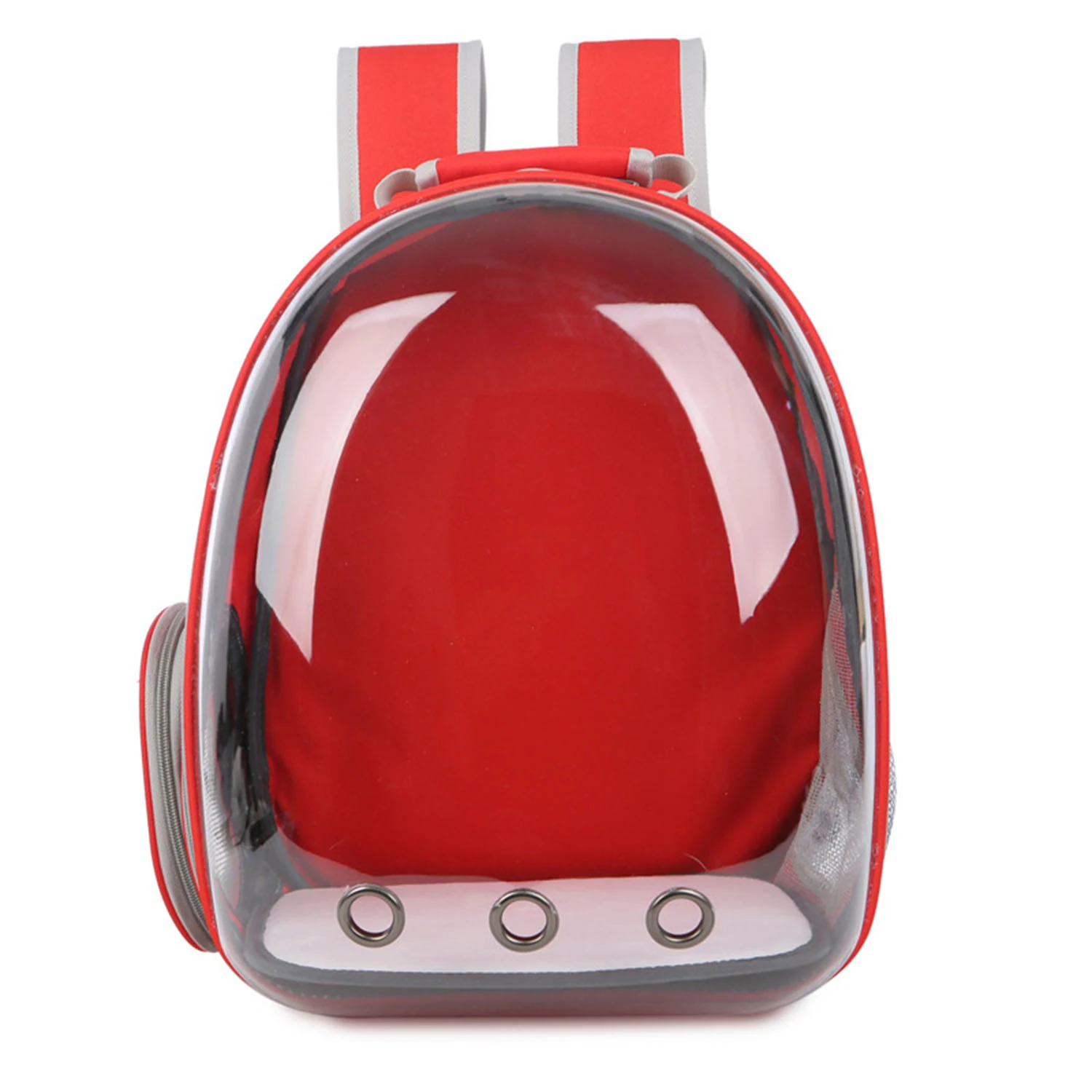 Red backpack with clear bubble dome and ventilation holes