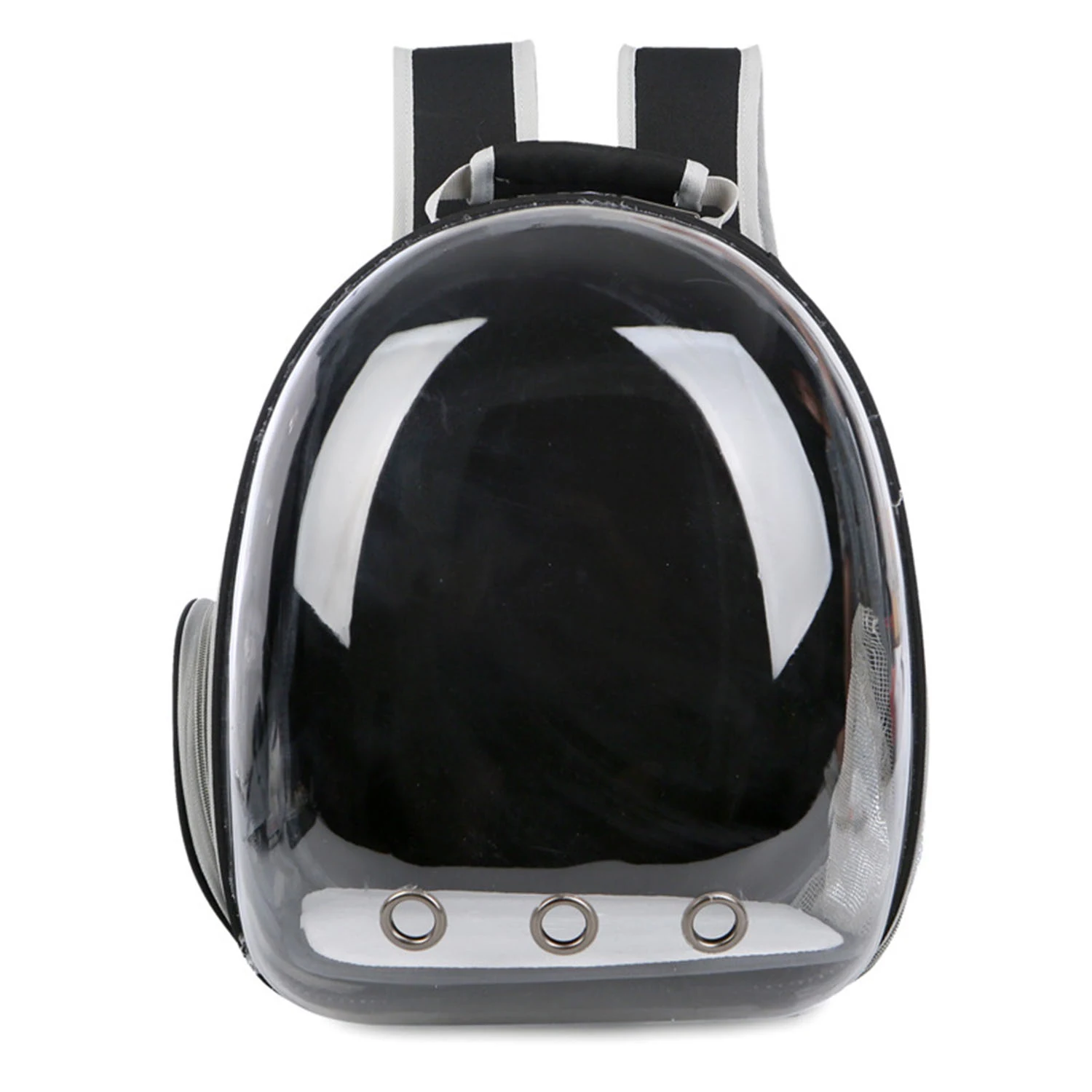 Black transparent bubble backpack with ventilation holes and padded straps on a white background