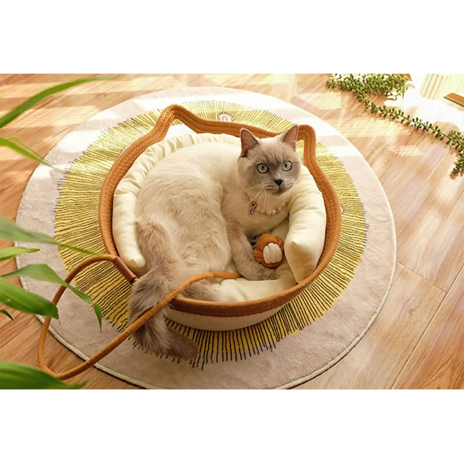 A cat wearing a pearl necklace sits in a beige basket bed with yellow fringe on a round rug.