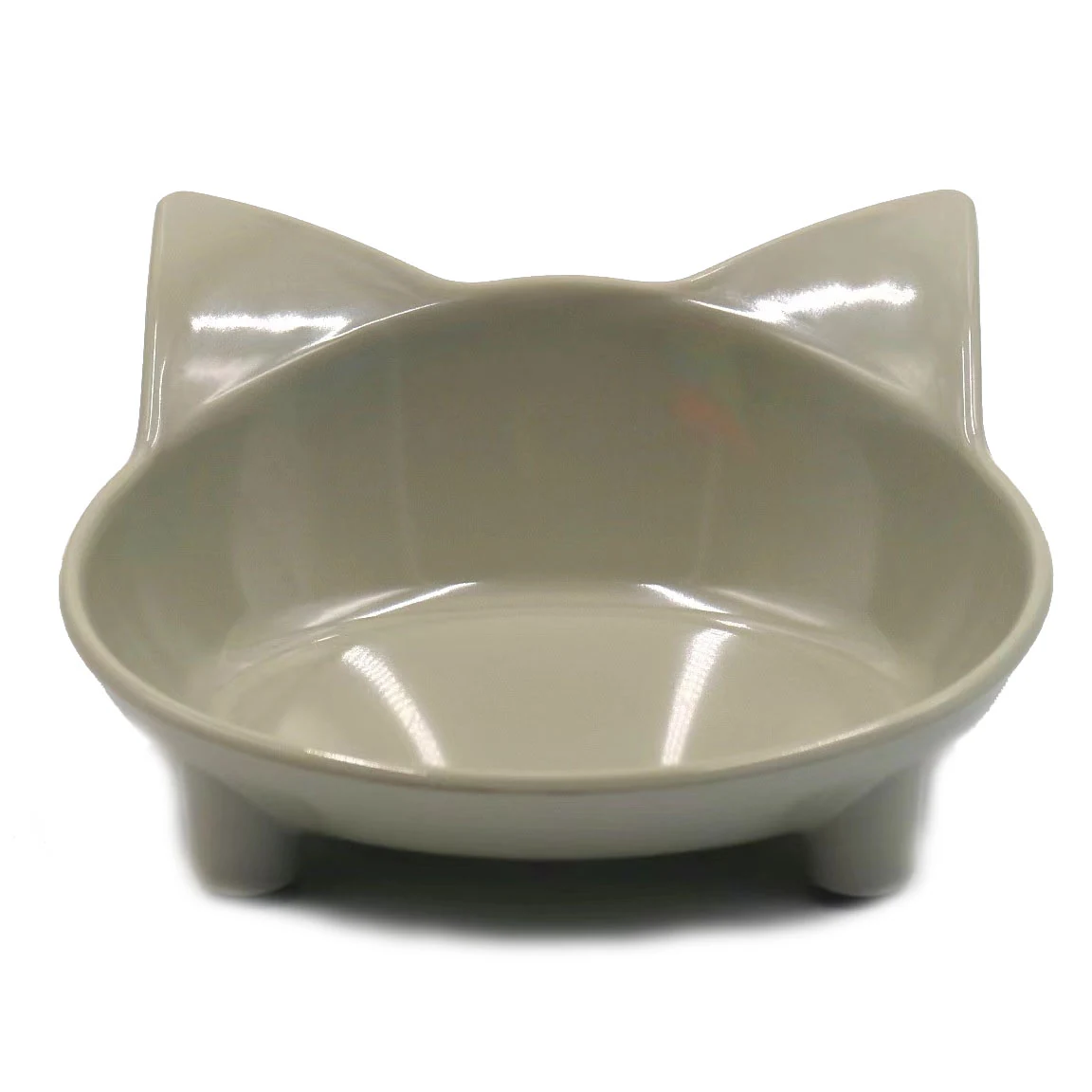 Light grey ceramic cat-shaped pet food bowl with raised ears and feet