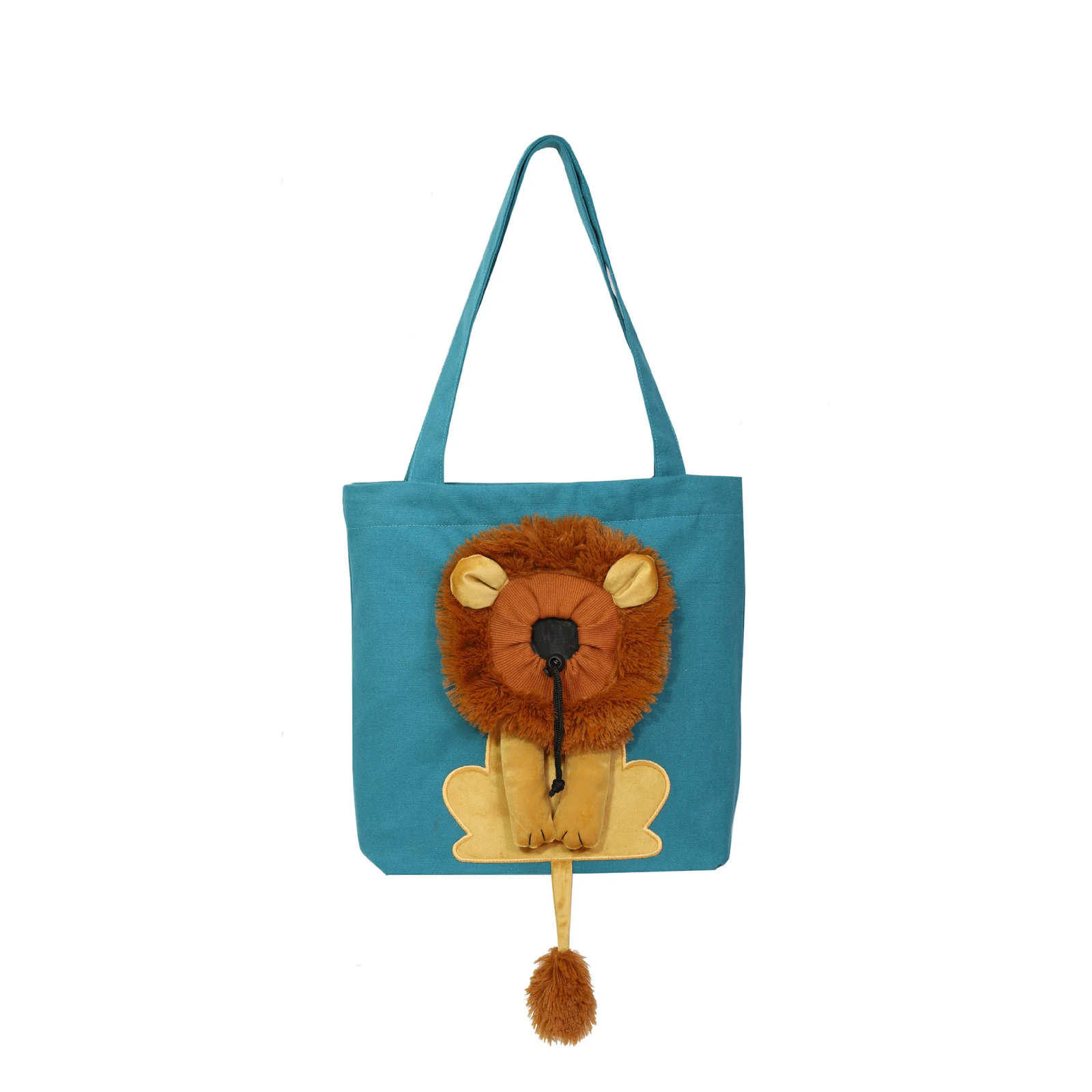 Teal tote bag with a plush 3D lion face design and pom-pom tail