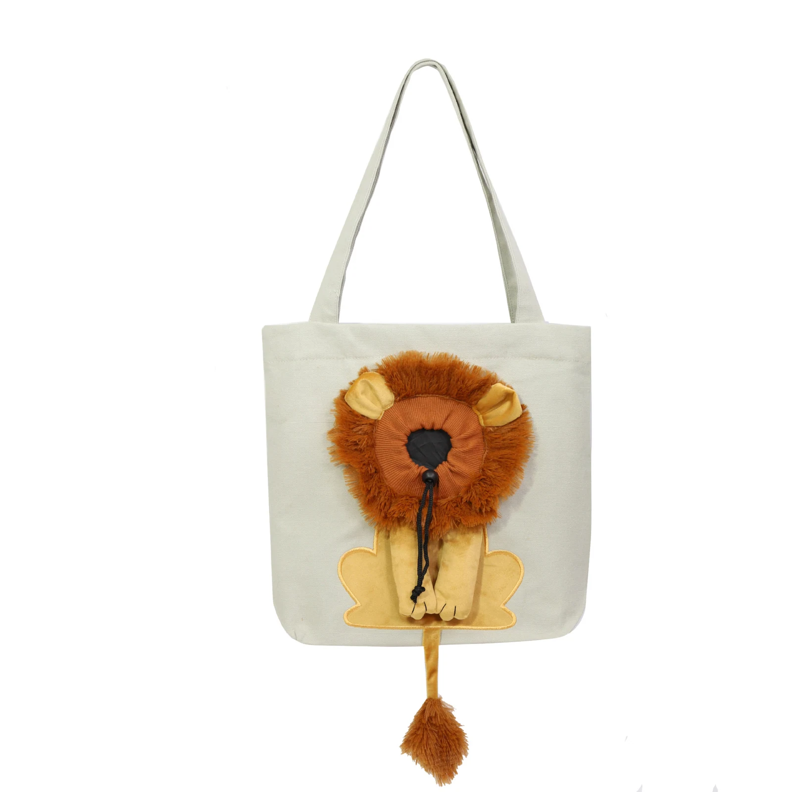 A white tote bag featuring a plush, 3D lion design with an orange mane and yellow body on a white background.