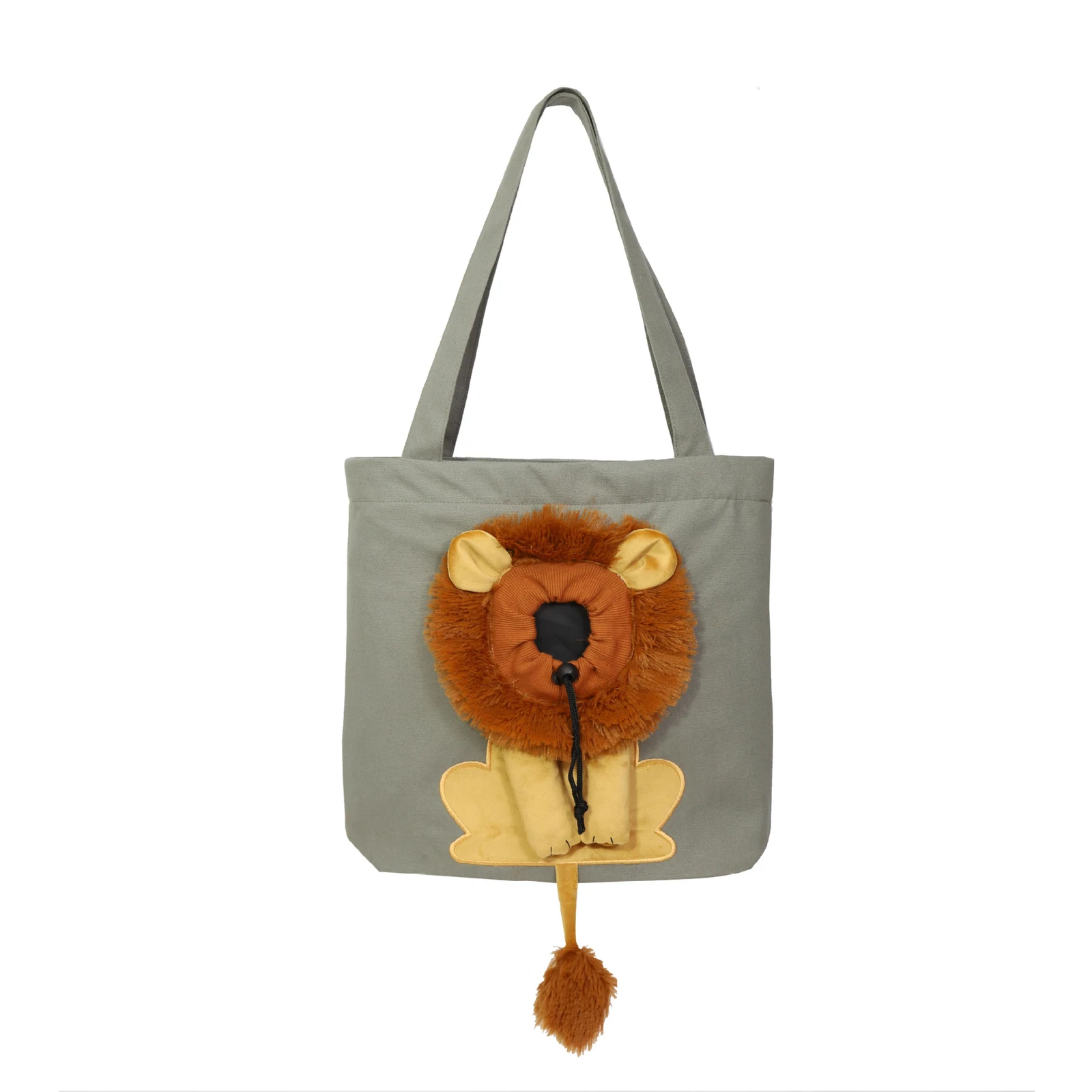 Grey tote bag with a plush lion design featuring a mane, ears, and pom-pom tail