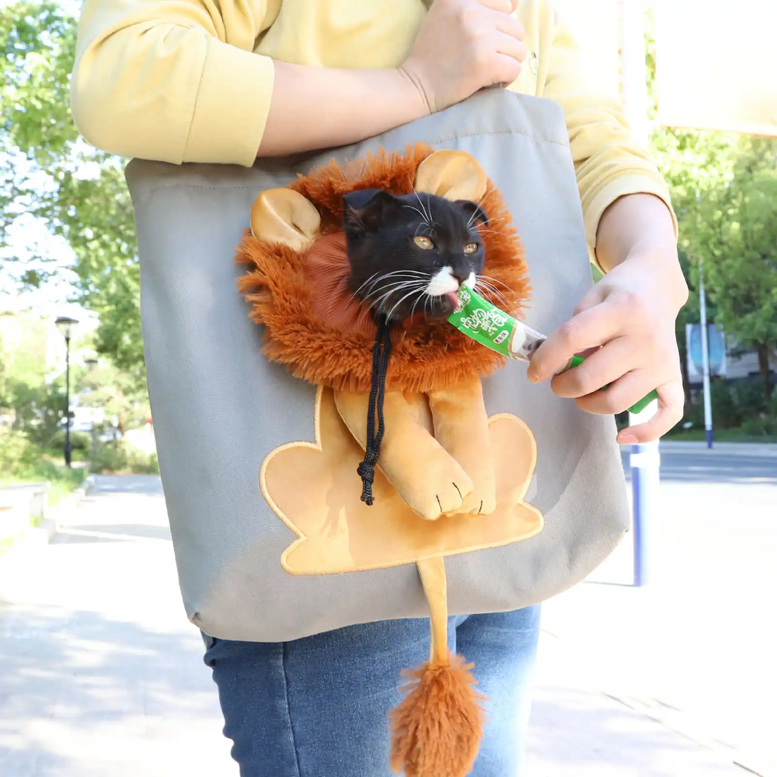 A person carrying a grey tote bag with a plush cat head and paws attached, wearing a lion mane costume.