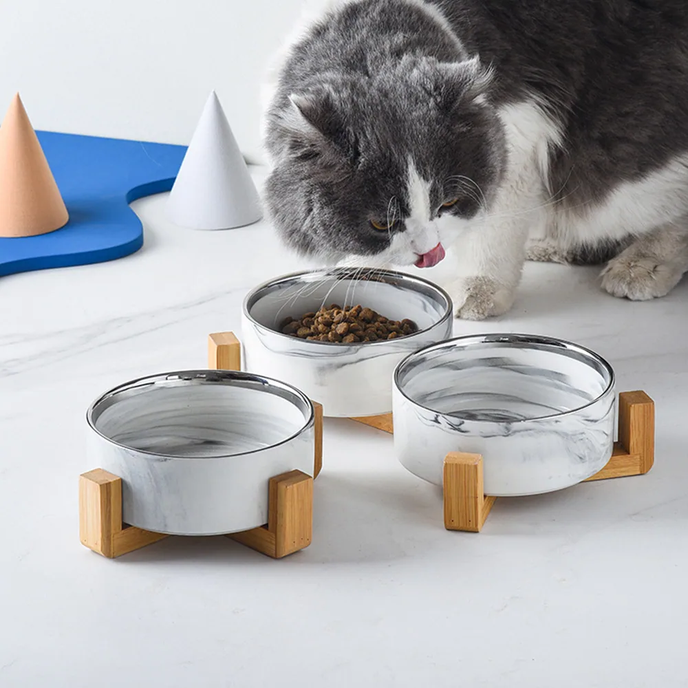 Grey and white cat eating from a marble-patterned bowl set on wooden stands, with water and food bowls