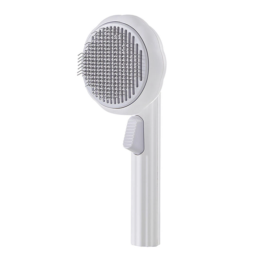 A white handheld shower head with multiple nozzles and a control lever on a white background.