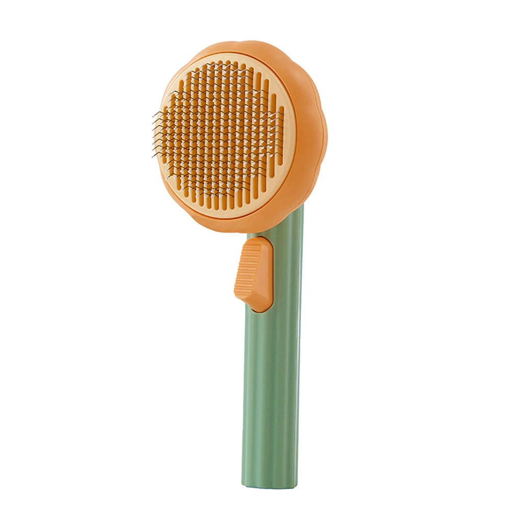 Orange and green self-cleaning slicker brush for pets