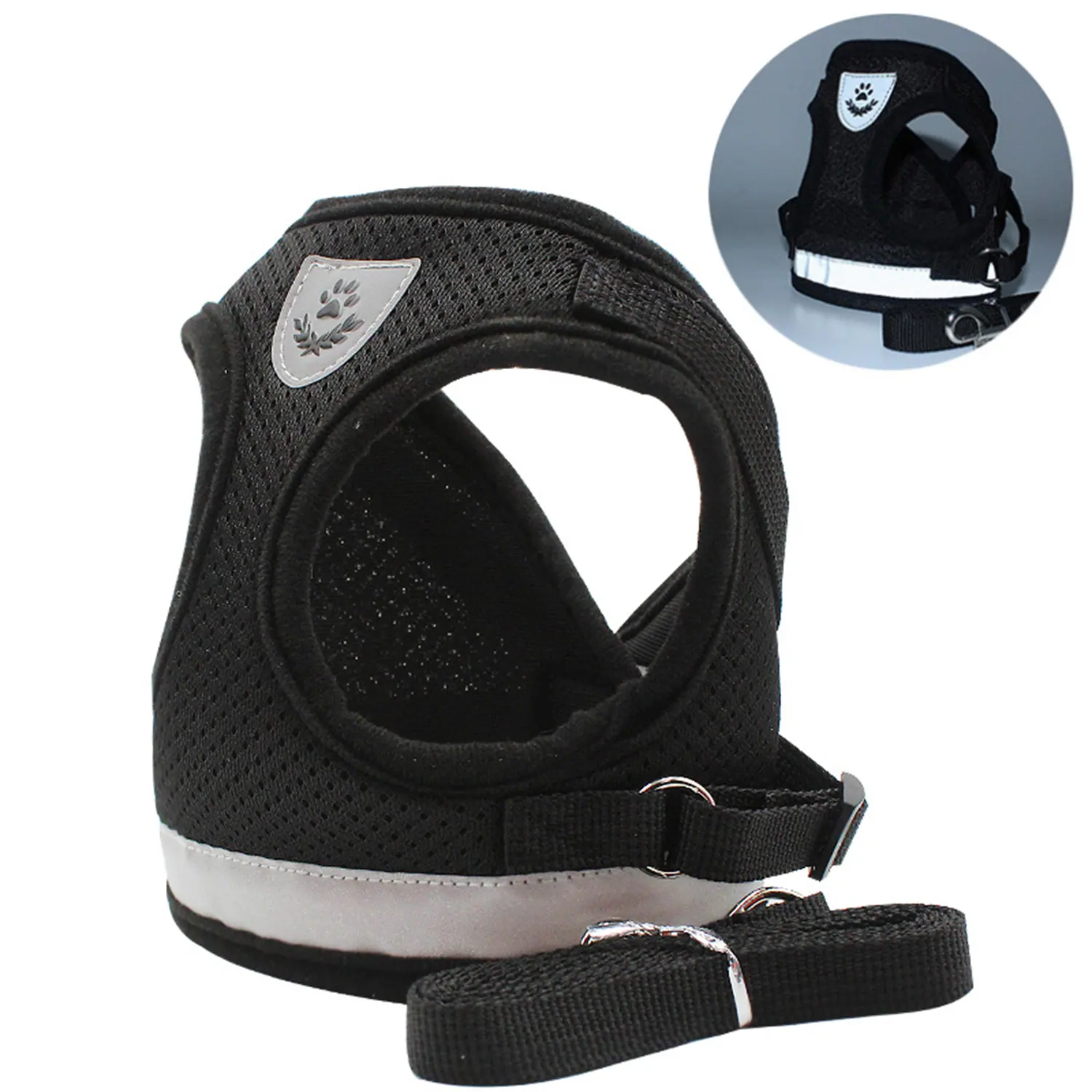 Black mesh dog harness with reflective strips and a matching leash shown on a white background.