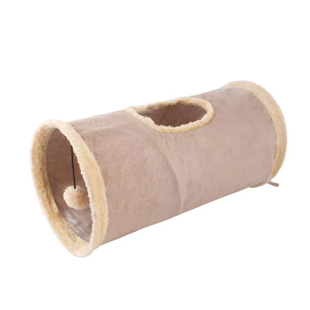 Beige plush collapsible pet tunnel with a top opening and a dangling ball toy