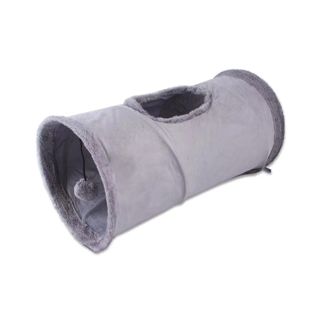 Collapsible grey plush cat tunnel with a top opening and a hanging ball toy.
