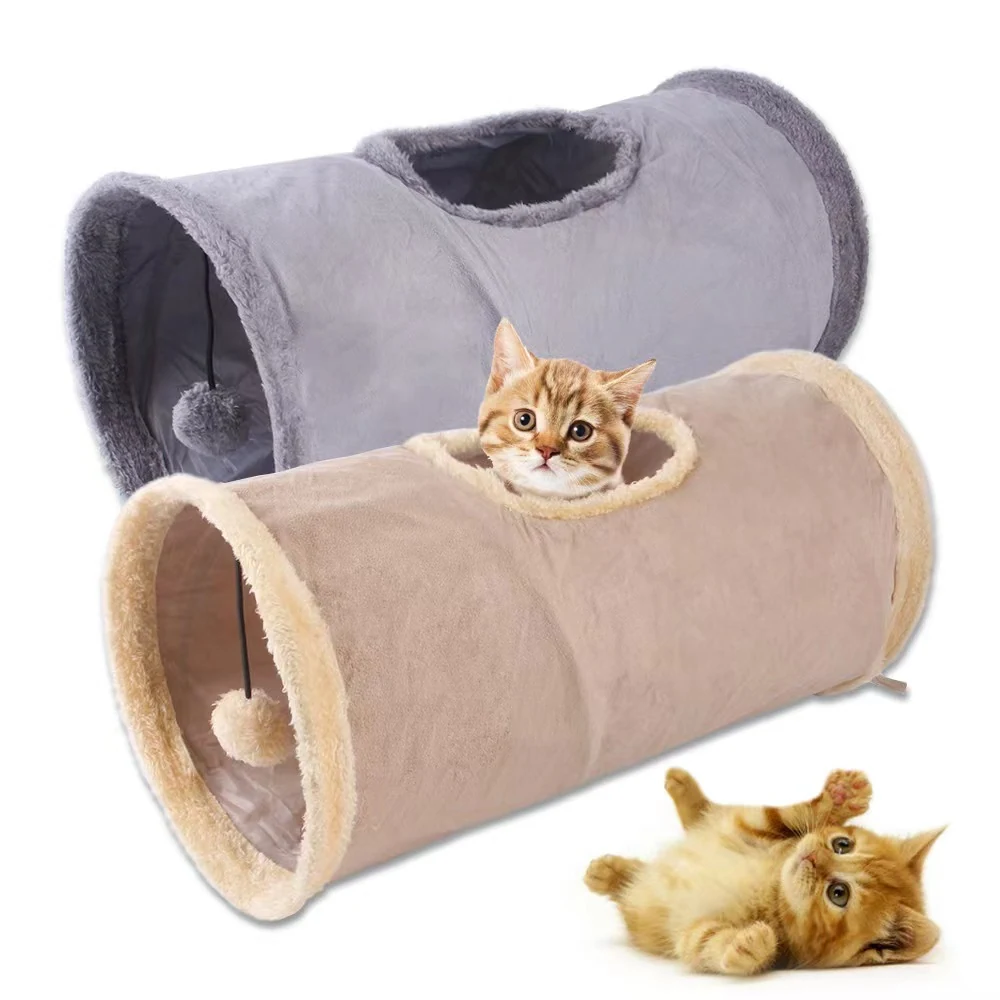 Collapsible cat tunnel with a hole and dangling balls shown in grey and beige with two kittens