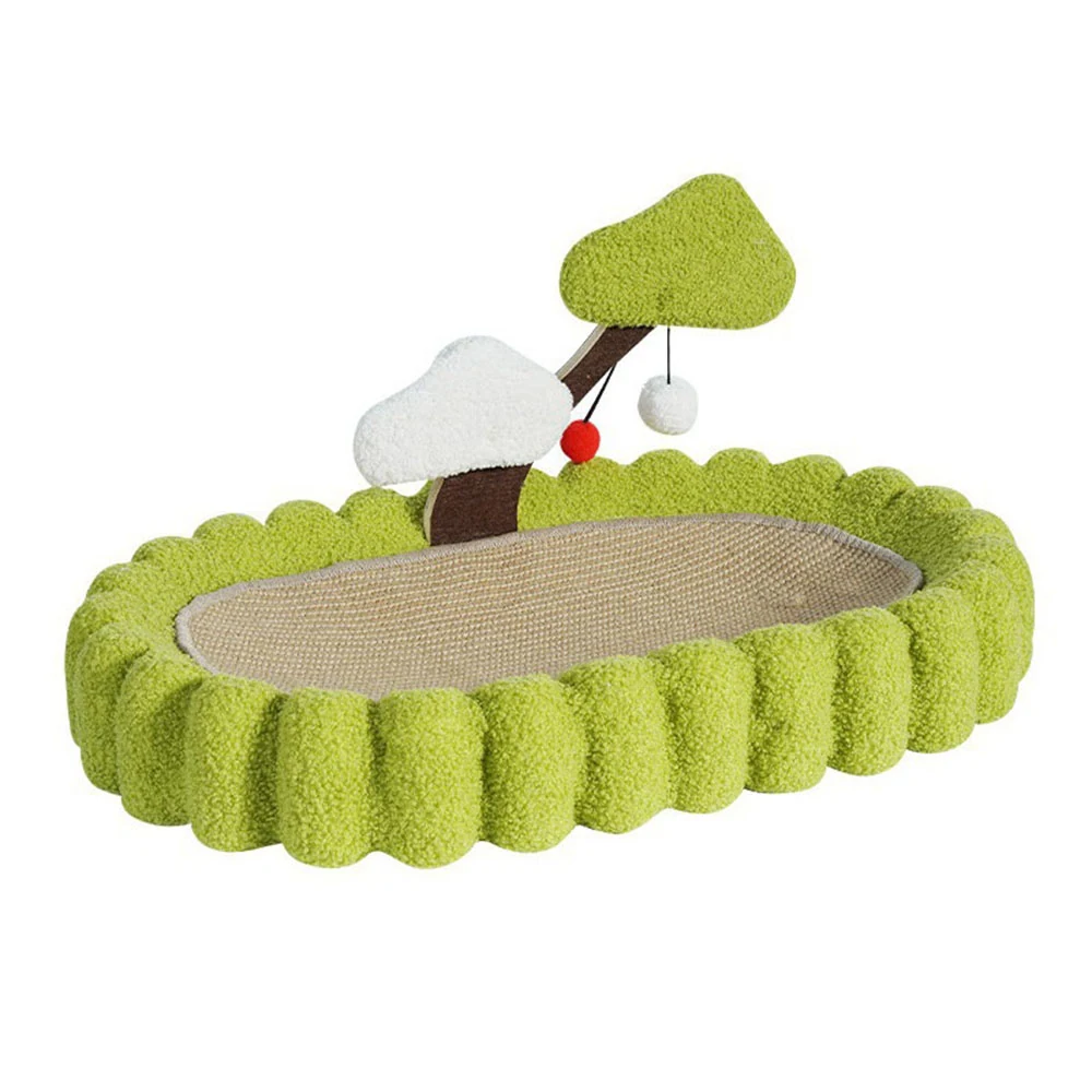 Green plush oval pet bed with a central tree and hanging ball toy