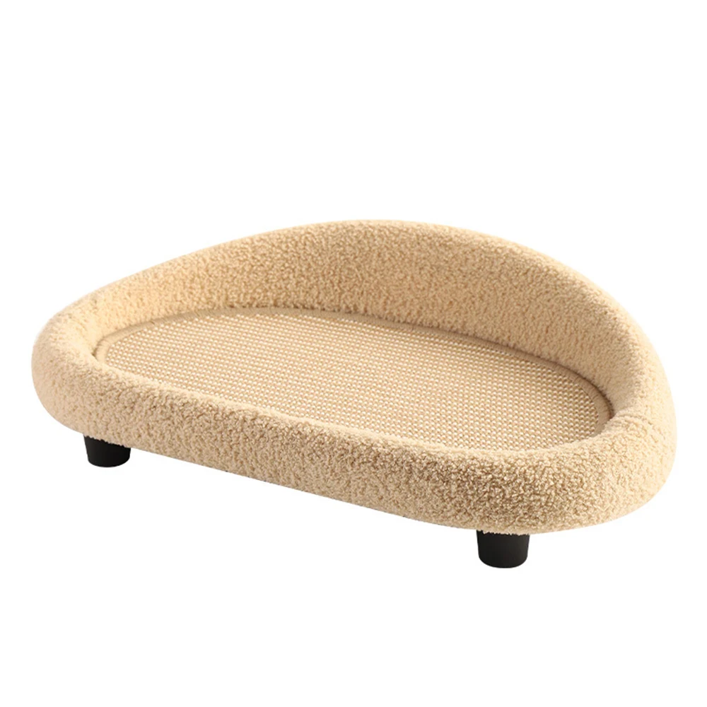 Beige boucle pet lounger with sisal scratching center and black feet