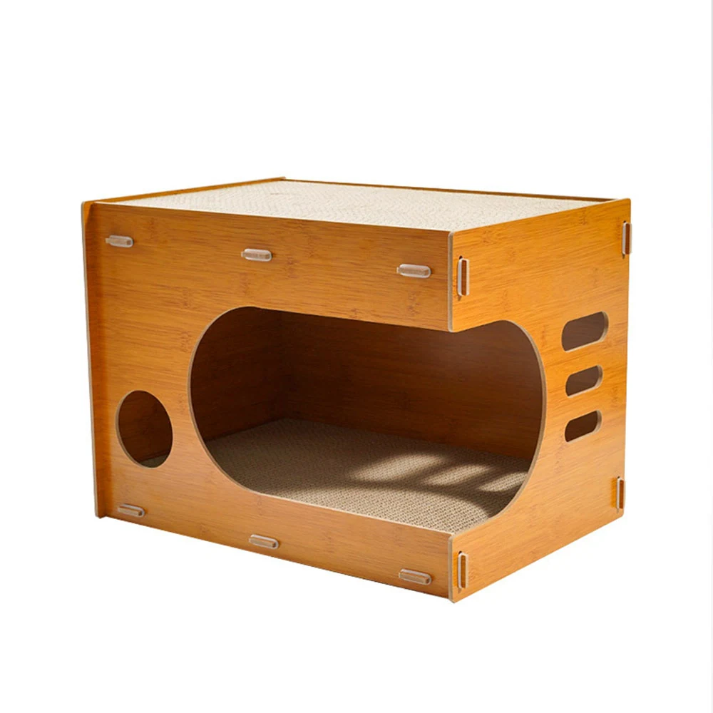 Bamboo cat house with scratching surface on top and inside