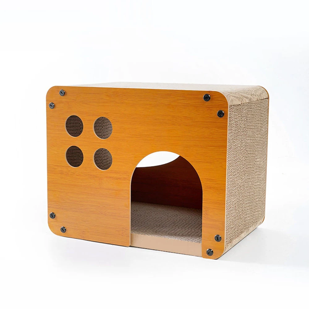 Wooden cat house with arched entrance and four ventilation holes