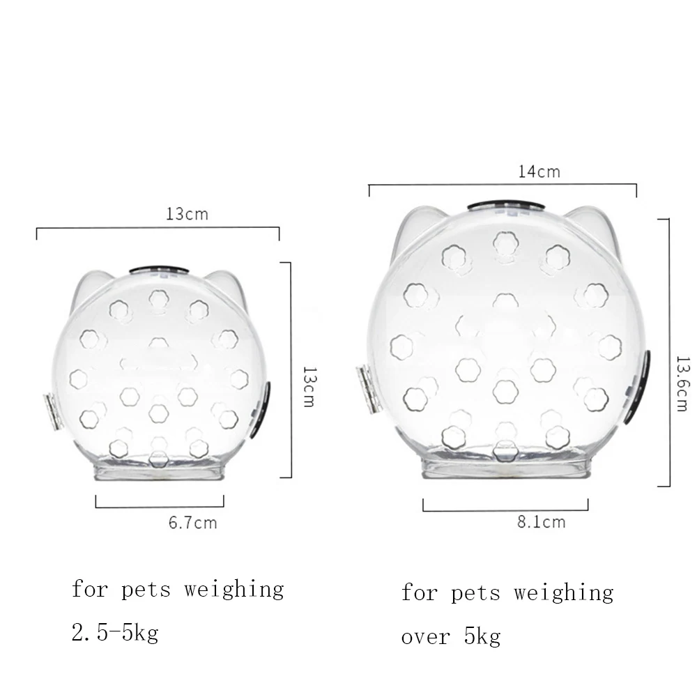 Diagram showing two sizes of clear plastic pet carrier backpacks with hexagonal ventilation holes and dimension markings.