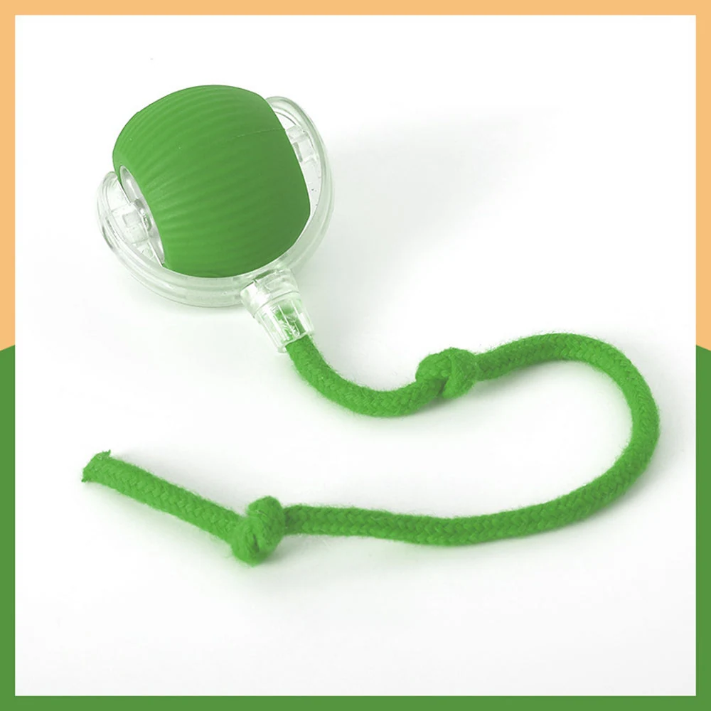 A green ball with a clear plastic cage and attached green rope.