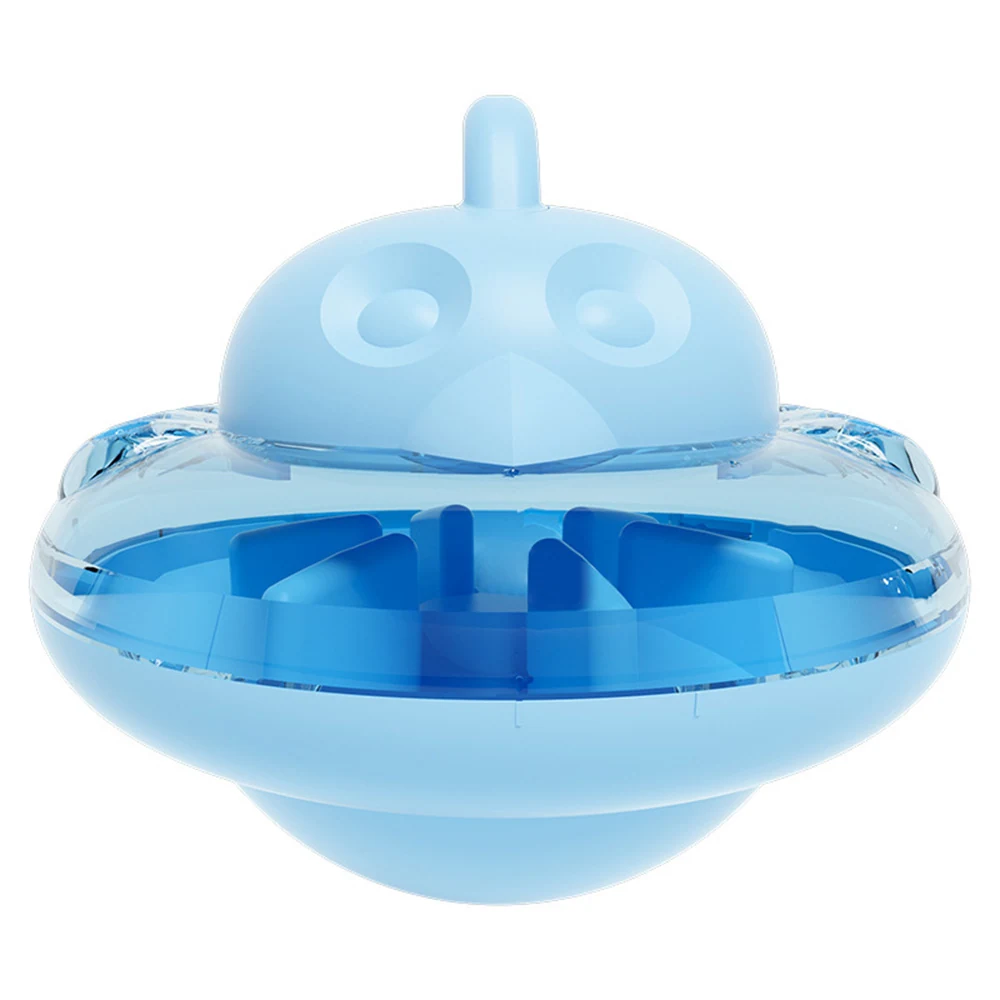 Blue plastic UFO-shaped toy with a transparent ring and internal spinning mechanism