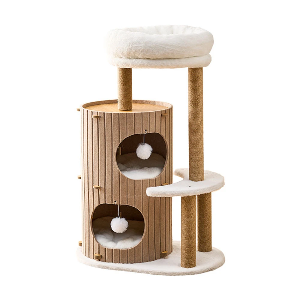 Wooden cat tree with sisal scratching posts, circular cubbies, and a top plush bed.