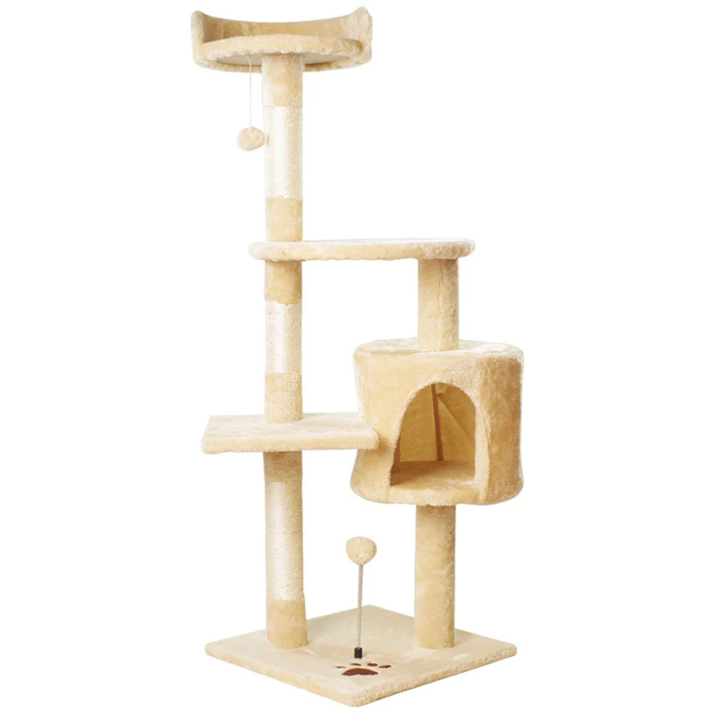 Beige multi-level cat tree with a covered condo and hanging toys on a white background.