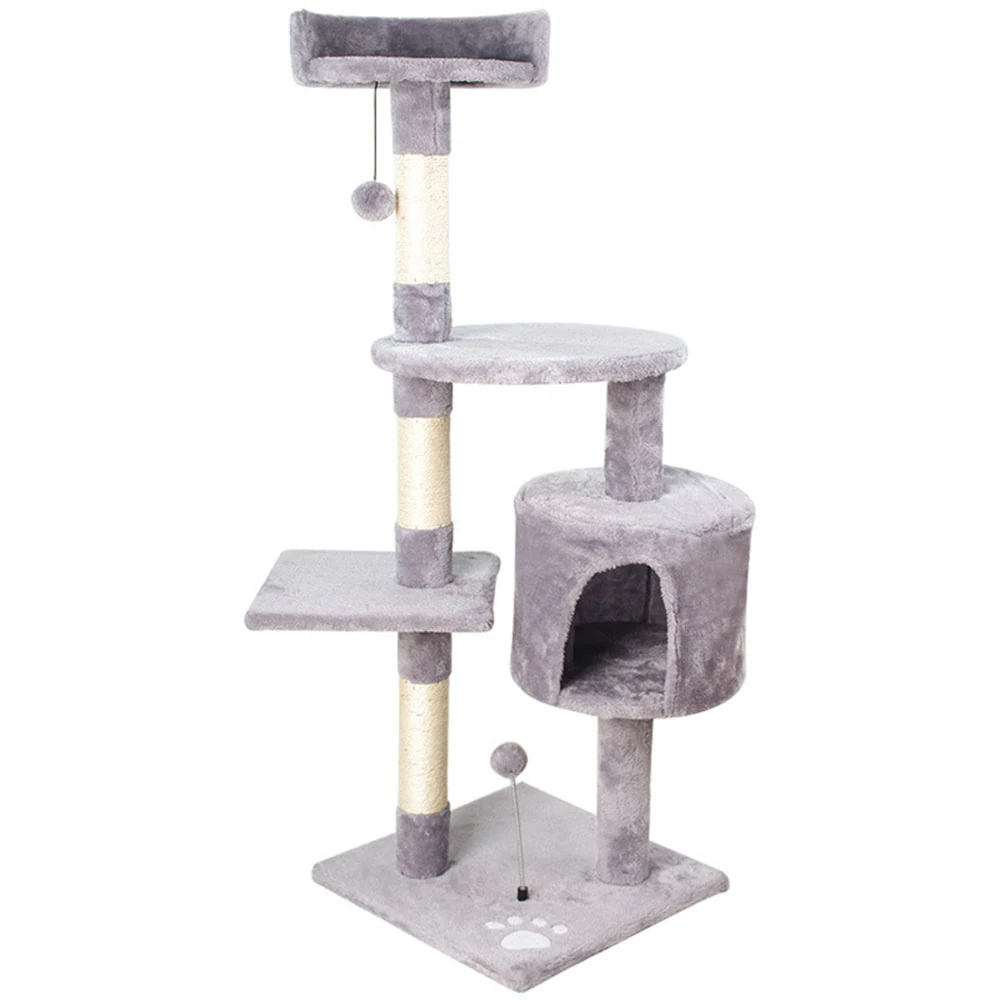 Grey carpeted cat tree with scratching posts, a round condo, and multiple platforms on a white background